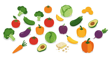 Fototapeta premium Colorful flat style vegetable and fruit collection on white background