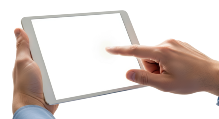 Hand interacting with tablet displaying blank screen for technology and business concepts