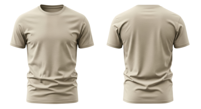 Beige t-shirt front and back view on white background for apparel mockup