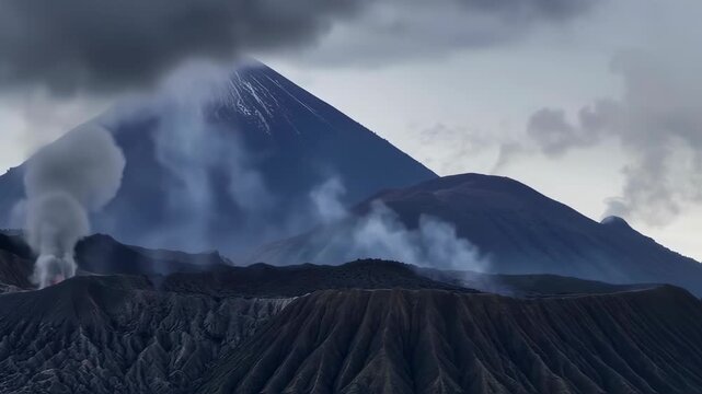 Dramatic Volcanic Landscape - Mount Bromo Erupting Under Stormy Skies.
