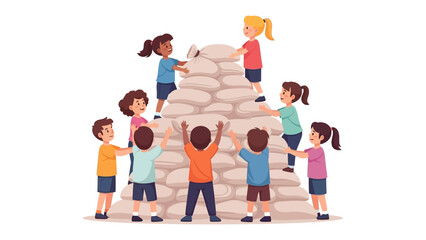 Kids building a wall of sandbags: A group of diverse children collaborates to build a wall using sandbags. Each child contributes to constructing a strong structure.