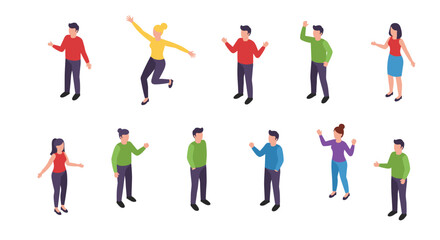 Diverse people in dynamic isometric poses on white background