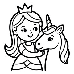 Charming princess embracing a majestic unicorn friendly illustrated coloring page scalable vector graphic eps silhouette White background