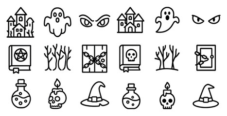 Halloween outline icons set – spooky, eerie, haunted theme graphics