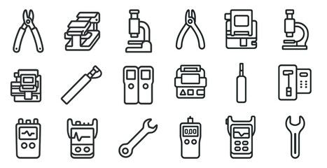 Industrial tools line icons set – outline, equipment, engineering, and machinery symbols