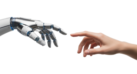 Human and robot hands reaching towards connection and innovation
