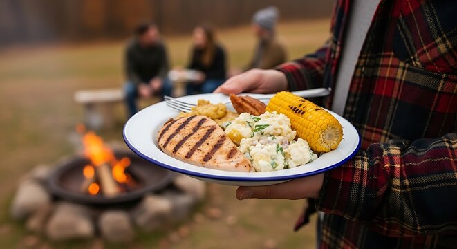 Plate of Grilled Chicken and Sides at an Outdoor Campfire Gathering food meal