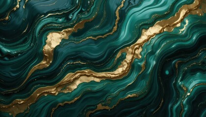Obraz premium Abstract liquid marble flowing texture in deep emerald green and gold accents. Smooth, subtle movement, giving a luxurious and professional feel. High-end presentation background.
