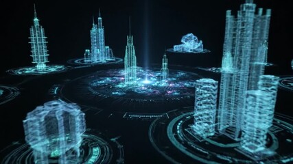 Futuristic cityscape showcases holographic skyscrapers and digital structures, blending advanced technology with urban design, evoking innovation and imagination in vibrant, interconnected landscape - Powered by Adobe