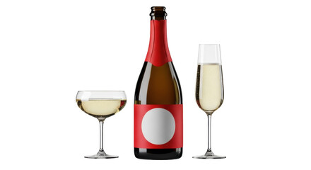 Isolated bottle of champagne or sparkling wine with two glasses of beverage on a surface