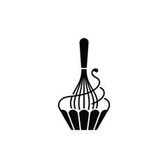 Minimalist vector logo design whisk and cupcake abstract culinary icon for baking and food services silhouette White background