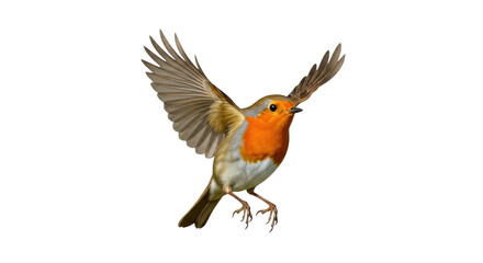 Isolated European robin with spread wings on a light surface, colorful plumage close up