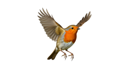 Isolated European robin with spread wings on a light surface, colorful plumage close up