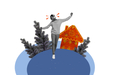 Artwork 3d sketch image collage of winter season advent Christmas holiday young  woman walk listen music gingerbread house decor fir tree