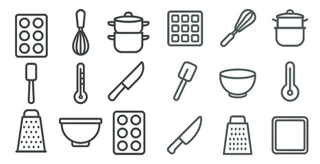 Kitchen and cooking outline icons set – culinary, flat, chef tools and utensils