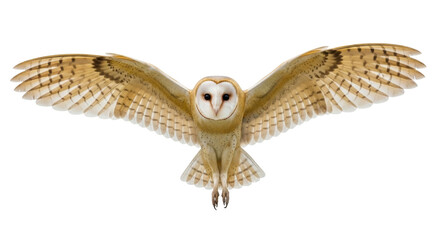 Isolated Barn Owl in Flight Posing Full Front with its Wings Spread and Feathers Showing