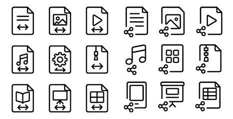 Multimedia linear icons set – line, outline, music and document symbols