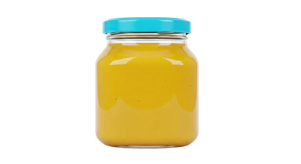 Isolated yellow baby food in glass jar with teal lid for healthy eating, ready to eat