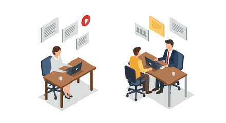 Remote work communication: isometric illustration of virtual collaboration in modern office