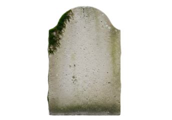 Isolated weathered gray headstone, grave marker for a cemetery with moss growing on the edge