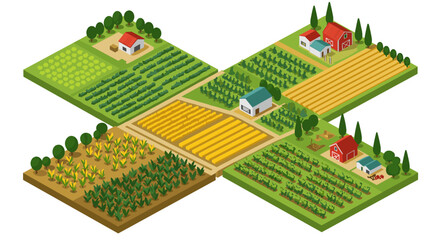 Isometric farm landscape with diverse crops and buildings