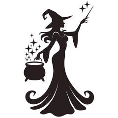 Elegant witch silhouette vector illustration magical spell casting with cauldron and wand scalable eps silhouette White background