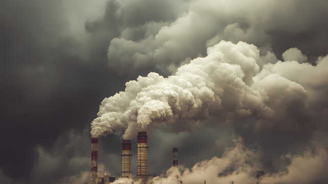 An image of ominous dark fumes emanating from industrial smokestacks, signifying pollution. The scene is unsettling, a stark reminder of environmental challenges.