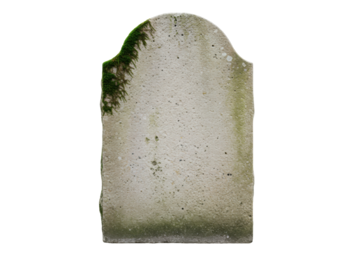 Isolated weathered gray headstone, grave marker for a cemetery with moss growing on the edge