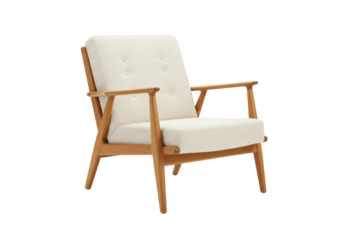 Isolated armchair with light wood frame and cream cushions for home decor furniture