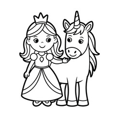 Charming princess and unicorn friendship line art vector illustration for coloring and design silhouette White background