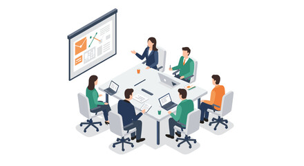 Fototapeta premium Isometric business meeting: team collaboration and presentation in office setting