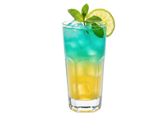 Isolated blue and yellow cocktail in a glass garnished with mint and a lime wedge