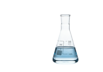 Isolated Erlenmeyer flask with liquid for chemical experiment or medical research