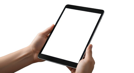 Hands holding blank tablet isolated on white background for mockup