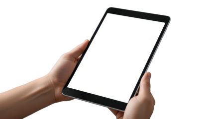 Hands holding blank tablet isolated on white background for mockup