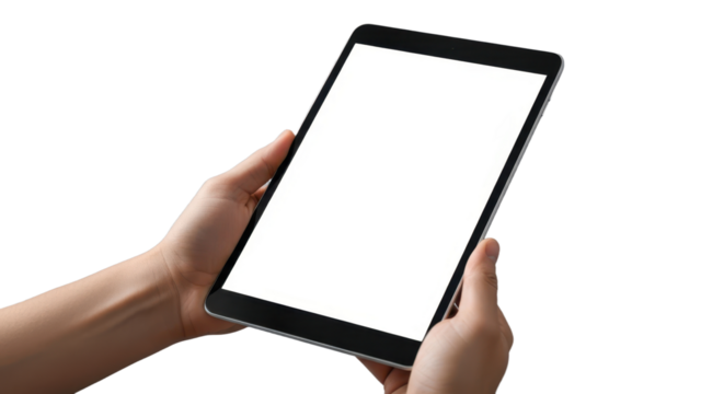 Hands holding blank tablet isolated on white background for mockup - Powered by Adobe