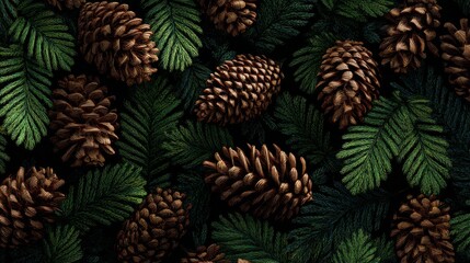 Pine cones seamless pattern, detailed evergreen branches background