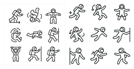Naklejka premium Astronaut outline icons set – space, exploration, linear symbols for discovery