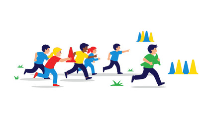 Racing to Victory: A dynamic illustration depicts children engaged in an exciting race, their bodies radiating energy and determination as they sprint towards the finish.