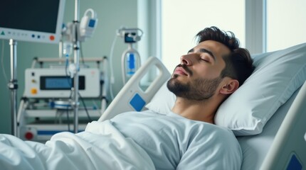 Fototapeta premium Hombre joven recostado cómodamente en una cama de hospital recuperándose de una cirugía