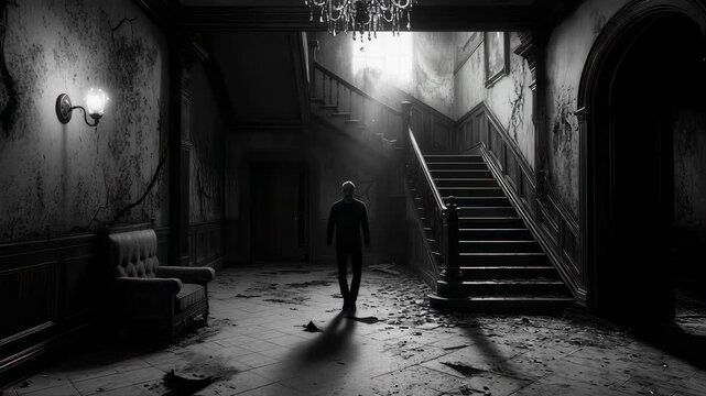 Eerie Descent - A Journey Through a Haunted Mansions Hallway.