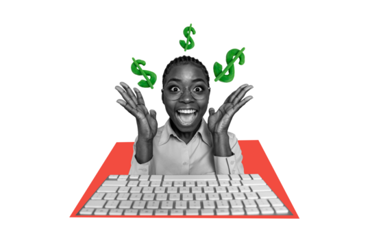 Composite photo collage of happy american girl freelancer wireless keyboard dollar income money success isolated on painted background