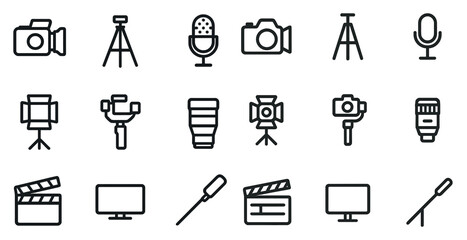 Photography equipment line icons set – silhouette, camera, video production symbols