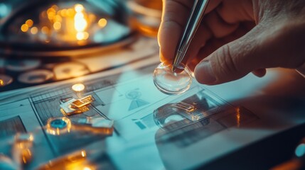 Obraz premium Precision Craftsmanship: Microchip Design Under Scrutiny with Advanced Magnification