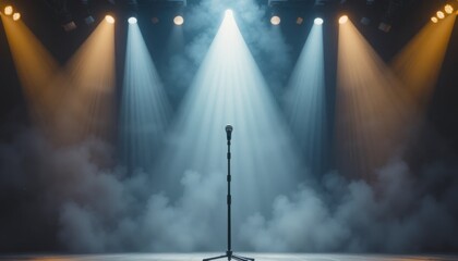 Empty microphone stand under a spotlight on a singing contest stage, emotional atmosphere, fog and lights, minimalist composition, ultra-detailed
