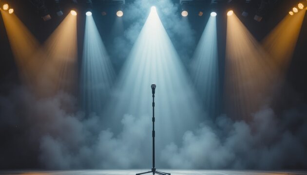 Empty microphone stand under a spotlight on a singing contest stage, emotional atmosphere, fog and lights, minimalist composition, ultra-detailed - Powered by Adobe