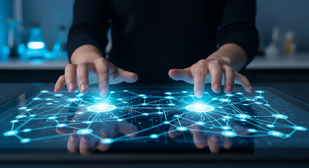 Fototapeta premium Digital Interaction Hands Engaging with a Glowing Network Interface, Technology in Focus