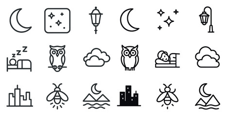 Night and sleep outline icons set – moon, dream, nighttime essentials