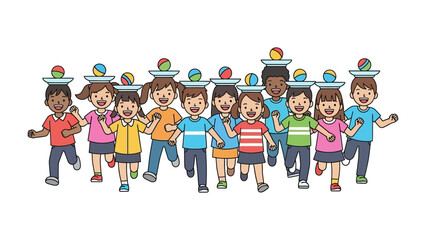 Joyful Children Balancing Balls: A lively group of children happily balance colorful balls on plates atop their heads as they run with pure delight.