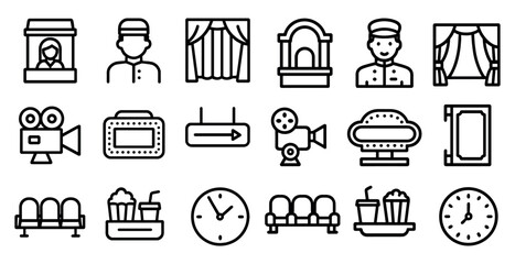 Cinema and theater outline icons set &ndash; movie, entertainment, film symbols